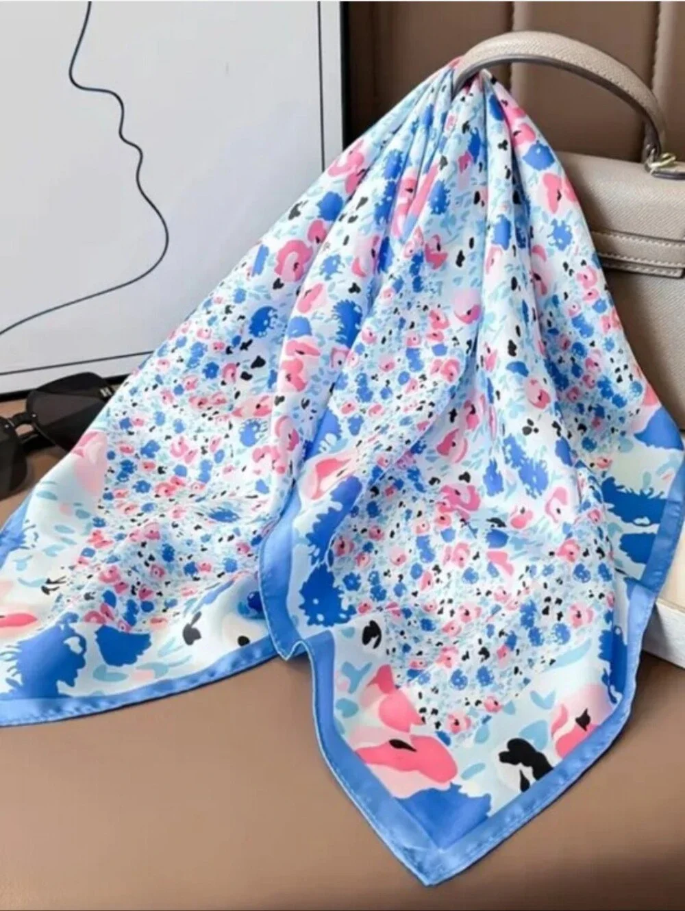 Silk-feel Floral Blue & Pink  Scarf Head & Neck Sscarf